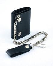 Load image into Gallery viewer, BWC235 Black Tri-Fold Genuine Leather Wallet with Chain