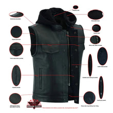Load image into Gallery viewer, Men's Black Leather Motorcycle Vest with Removable Hood
