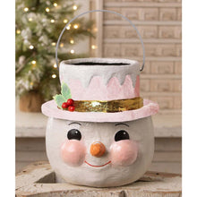Load image into Gallery viewer, SMALL Pastel Holly Hat Snowman Bucket By Bethany Lowe Designs
