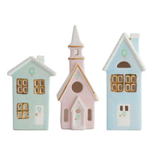 Load image into Gallery viewer, Pastel Christmas Village 3-Piece Set with 22K Gold Accents