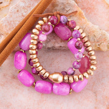 Load image into Gallery viewer, Peony Fuchsia Pink Jade Golden Stretch Bracelet Set
