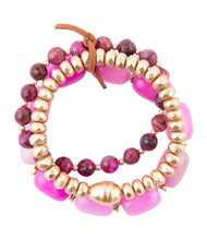 Load image into Gallery viewer, Peony Fuchsia Pink Jade Golden Stretch Bracelet Set