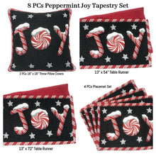 Load image into Gallery viewer, DaDa Bedding Set of 8 Pieces Peppermint Joy Holiday Table Tapestry - 4 Placemats, 2 Table Runners, 2 Throw Pillow Covers (12904)