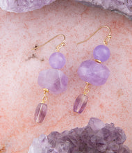 Load image into Gallery viewer, Purple Periwinkle Amethyst Golden Drop Earrings