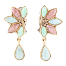Load image into Gallery viewer, Pink Rhodonite Blue Amazonite and Varacite Petals Golden Clip Earrings