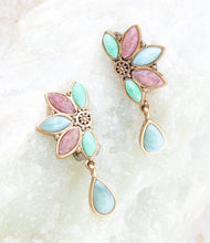 Load image into Gallery viewer, Pink Rhodonite Blue Amazonite and Varacite Petals Golden Clip Earrings