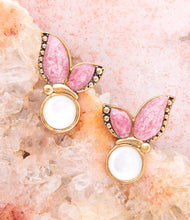 Load image into Gallery viewer, Pink Rhodonite and White Mother of Pearl Golden Butterflies Post Earrings