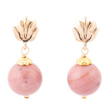 Load image into Gallery viewer, Pink Rhodonite Golden Lotus Drop Earrings