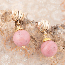Load image into Gallery viewer, Pink Rhodonite Golden Lotus Drop Earrings