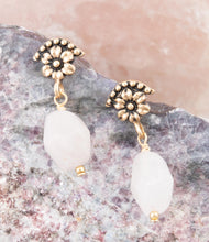 Load image into Gallery viewer, Pink Rose Quartz Golden Floral Drop Earrings