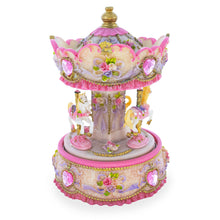 Load image into Gallery viewer, Floral Three Horses Carousel Spinning Musical Figurine
