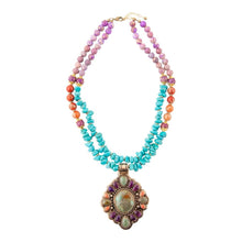 Load image into Gallery viewer, Prescott Blue Turquoise Purple and Orange Statement Pendant Golden Necklace