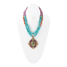 Load image into Gallery viewer, Prescott Blue Turquoise Purple and Orange Statement Pendant Golden Necklace