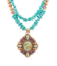 Load image into Gallery viewer, Prescott Blue Turquoise Purple and Orange Statement Pendant Golden Necklace