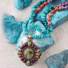Load image into Gallery viewer, Prescott Blue Turquoise Purple and Orange Statement Pendant Golden Necklace