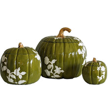 Load image into Gallery viewer, Chinoiserie Pumpkin Jars with 22K Gold Accents in Moss Green