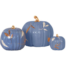 Load image into Gallery viewer, Layered Leaves Pumpkin Jars with 22K Gold Accents in French Blue