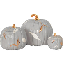 Load image into Gallery viewer, Layered Leaves Pumpkin Jars with 22K Gold Accents in Light Gray