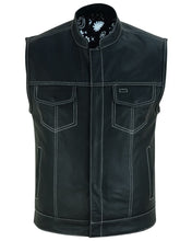 Load image into Gallery viewer, Men's Paisley Black Leather Motorcycle Vest with White Stitching