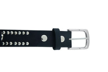 Load image into Gallery viewer, BLT Black Leather Belt with Silver Studs and Skulls