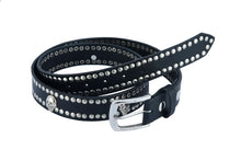 Load image into Gallery viewer, BLT Black Leather Belt with Silver Studs and Skulls