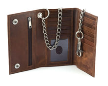 Load image into Gallery viewer, BWC234 BROWN LONG TRI-FOLD BIKER LEATHER CHAIN WALLET