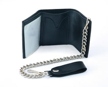 Load image into Gallery viewer, BWC235 Black Tri-Fold Genuine Leather Wallet with Chain