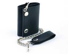 Load image into Gallery viewer, BWC235 Black Tri-Fold Genuine Leather Wallet with Chain