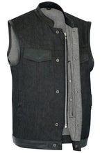 Load image into Gallery viewer, Men's Upgraded Rough Rub-Off Denim Motorcycle Vest w/Leather Trim