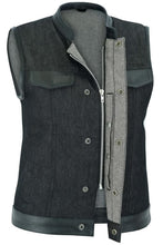 Load image into Gallery viewer, Women's Rough Rub-Off Raw Finish Denim Vest W/Leather Trim