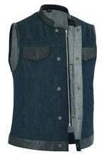 Load image into Gallery viewer, Women's Broken Blue Rough Rub-Off Raw Finish Denim Vest W/Leath