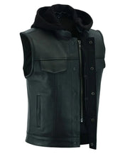 Load image into Gallery viewer, Men's Black Leather Motorcycle Vest with Removable Hood