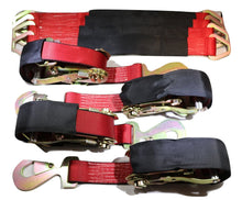 Load image into Gallery viewer, Qty 4 Axle Strap Tie Downs 24" Long &amp; Qty 4 Ratchet Tow Straps Car Haulers | RED