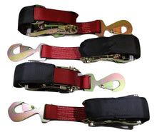 Load image into Gallery viewer, Qty 4 Axle Strap Tie Downs 24" Long &amp; Qty 4 Ratchet Tow Straps Car Haulers | RED