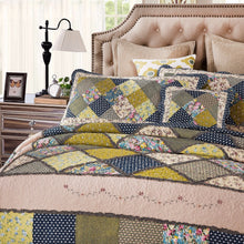 Load image into Gallery viewer, Tache Spring Shower Olive Green Navy Blue Floral Scalloped Cotton Patchwork Quilt Set (DXJ10077)