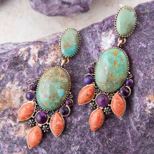 Load image into Gallery viewer, Regalia Blue Turquoise Purple and Orange Coral Goldden Post Drop Earrings