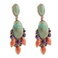 Load image into Gallery viewer, Regalia Blue Turquoise Purple and Orange Coral Goldden Post Drop Earrings