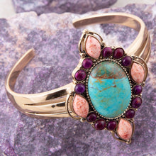 Load image into Gallery viewer, Regalia Blue Turquoise Purple and Orange Coral Golden Cuff Bracelet