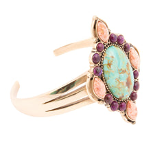 Load image into Gallery viewer, Regalia Blue Turquoise Purple and Orange Coral Golden Cuff Bracelet