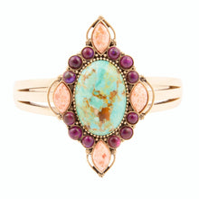 Load image into Gallery viewer, Regalia Blue Turquoise Purple and Orange Coral Golden Cuff Bracelet