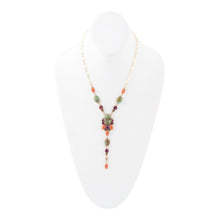 Load image into Gallery viewer, Regalia Blue Turquoise Purple and Orange Coral Golden Y Necklace