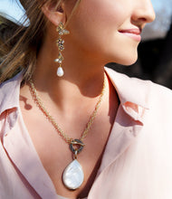 Load image into Gallery viewer, Rhodonite and White Pearl Golden Butterflies Post Drop Earrings