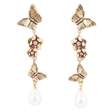 Load image into Gallery viewer, Rhodonite and White Pearl Golden Butterflies Post Drop Earrings
