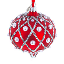 Load image into Gallery viewer, Pearl on Diamond Grid on Red Onion-Shape Finial Glass Christmas Ornament