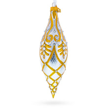 Load image into Gallery viewer, Gold &amp; White Baroque-Style Gem-Encrusted Elongated Pointed Teardrop Finial Glass Christmas Ornament