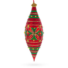Load image into Gallery viewer, Red and Green Glitter Jeweled Elongated Pointed Teardrop Finial Glass Christmas Ornament