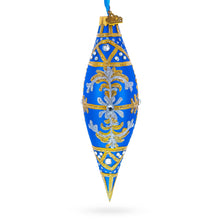 Load image into Gallery viewer, Royal Blue and Gold Snowflake Jeweled Elongated Pointed Teardrop Finial Glass Christmas Ornament