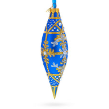 Load image into Gallery viewer, Royal Blue and Gold Snowflake Jeweled Elongated Pointed Teardrop Finial Glass Christmas Ornament