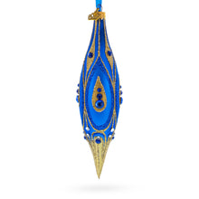 Load image into Gallery viewer, Royal Blue and Gold Jeweled Elongated Pointed Teardrop Finial Glass Christmas Ornament