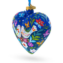 Load image into Gallery viewer, Blue Folk Art Whimsical Doves &amp; Flowers Heart Glass Ornament